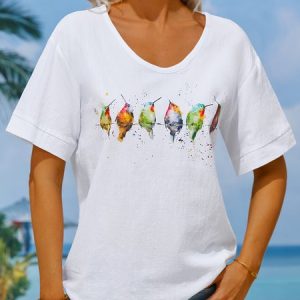 Women's Watercolor Hummingbirds Print Lounge Top, Shirts & Blouses, color:Black|size:XXL, JustFashionNow