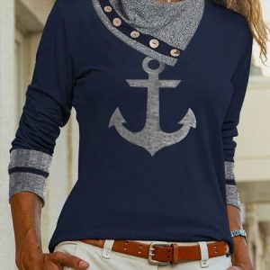 Anchor Others Casual Loose Shirt, Shirts & Blouses, color:Dark Blue|size:XXL, JustFashionNow