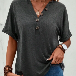 Loose Casual Half Button Batwing Sleeve Tee, T-Shirts, color:Gray|size:XXL, JustFashionNow