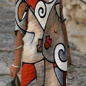 Casual Face Notched Loose Dress, Midi, color:Red|size:5XL, Noracora
