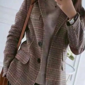 Buckle Plaid Long Sleeve Casual Blazer, Blazers, color:Khaki|size:3XL, JustFashionNow