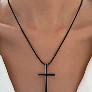 Daily Casual Black Cross Leather Rope Pendant Necklace Daily Dress Versatile Jewelry, Necklace, color:Black|size:One-size, Noracora