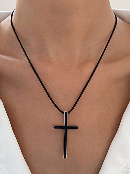 Daily Casual Black Cross Leather Rope Pendant Necklace Daily Dress Versatile Jewelry, Necklaces, color:Black|size:One-size, JustFashionNow