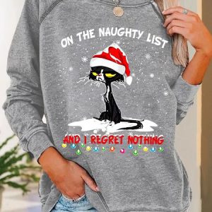Women's Funny Christmas Cat Graphic Loose Simple Sweatshirt, color:Gray|size:3XL, Lilicloth.com