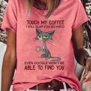 Womens Cat Drinking Coffee Touch My Coffee I Will Slap You So Hard Letters T-Shirt, color:Red|size:3XL, Lilicloth.com
