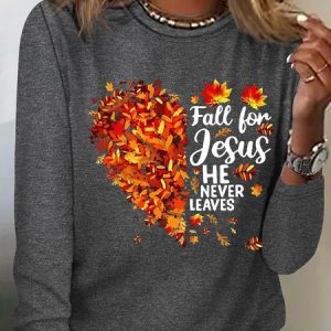 Women's Fall For Jesus He Never Leaves Casual Crew Neck Shirt, color:Gray|size:3XL, Lilicloth.com