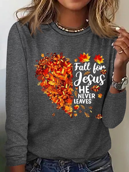 Women's Fall For Jesus He Never Leaves Casual Crew Neck Shirt, color:Gray|size:3XL, Lilicloth.com