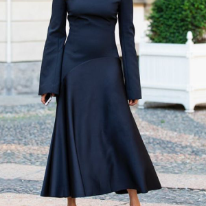 Regular Fit Elegant Crew Neck Long Sleeve Plain Maxi Dress, Midi Dresses, color:Navyblue|size:XXL, Stylewe