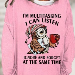 Women's Funny Text Letters Owl I'm Multitasking Crew Neck Casual Sweatshirt, color:Pink|size:3XL, Lilicloth.com