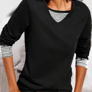 Striped Loose Crew Neck Sweatshirt, Sweatshirts & Hoodies, color:Black|size:XXL, JustFashionNow