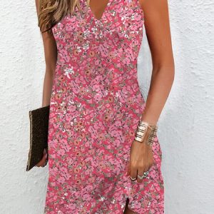 Notched Jersey Buckle Vacation Dress, Short, color:Rose Red|size:XXL, catalog Noracora shop