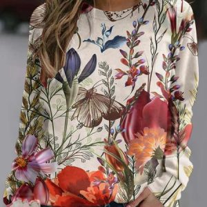 Casual Crew Neck Floral Sweatshirt, Hoodies & Sweatshirts, color:Apricot|size:5XL, Noracora