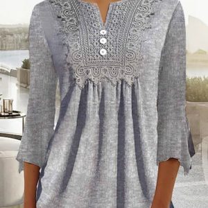 Loose Notched Lace Casual Shirt, Shirts & Blouses, color:Gray|size:XXL, JustFashionNow