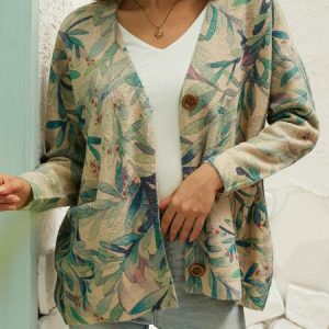 Casual Plants V Neck Cardigan, Sweaters, color:Multicolor|size:XXL, JustFashionNow