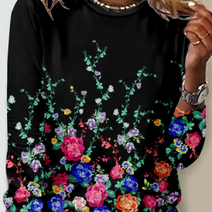 Women's Fower Art Print Casual Shirt, color:Black|size:5XL, Lilicloth.com