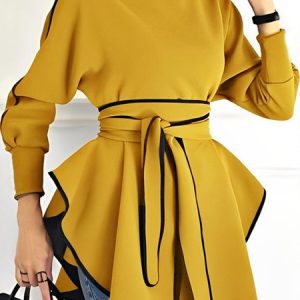 Loose Urban Color Block Shirt With Belt, Blouses and Shirts, color:Yellow|size:XXL, Stylewe