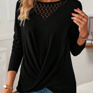 Elegant Plain Crew Neck Lace Contrast Lace Twist Hem T-Shirt, T-Shirts, color:Black|size:XXL, JustFashionNow