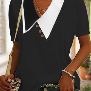 Loose Casual Color Block Shawl Collar T-Shirt, T-Shirts, color:Black|size:XXL, JustFashionNow