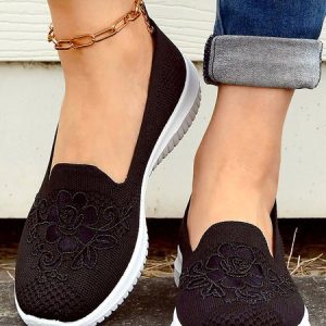 Floral Embroidery Breathable Flyknit Slip On Sneakers, Sneakers, color:Black|size:41, JustFashionNow
