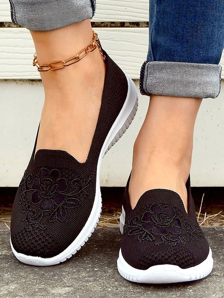 Floral Embroidery Breathable Flyknit Slip On Sneakers, Sneakers, color:Black|size:41, JustFashionNow