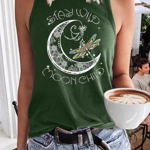 Stay Wild Moon Child Women's Sleeveless Shirt, color:Dark Green|size:3XL, Lilicloth.com