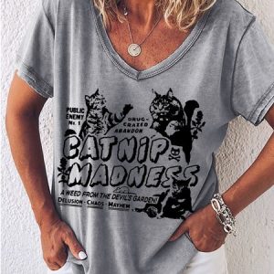 Women‘s Catnip Madness Cute Cat T-Shirt, color:Gray|size:3XL, Lilicloth.com