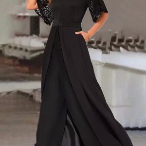 Elegant Crew Neck Lace Loose Jumpsuit, Jumpsuits＆Rompers, color:Black|size:XXL, JustFashionNow