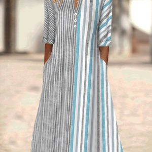 Striped Stand Collar Casual Loose Dress, Dresses, color:Gray|size:XXL, JustFashionNow