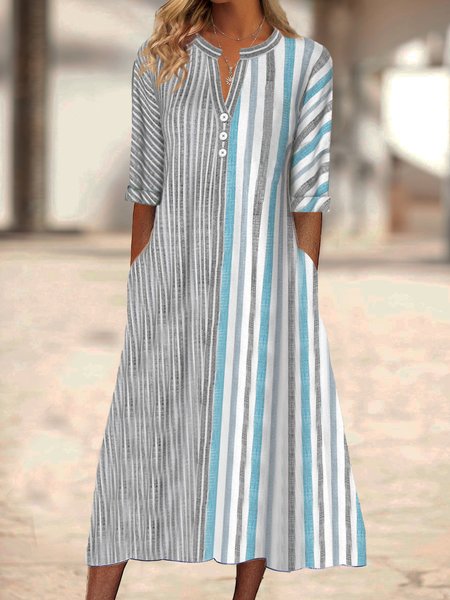 Striped Stand Collar Casual Loose Dress, Dresses, color:Gray|size:XXL, JustFashionNow