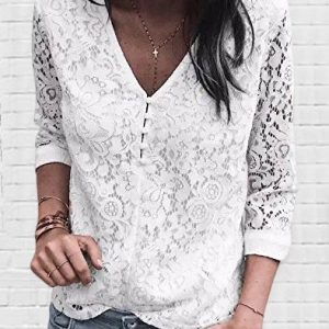 Loose V Neck Casual Plain Lace Shirt, Shirts & Blouses, color:White|size:XXL, JustFashionNow