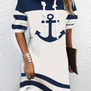 JFN Boat Anchor Printed Casual Long Sleeve Hooded Dress, Dresses, color:Blue|size:XXL, JustFashionNow