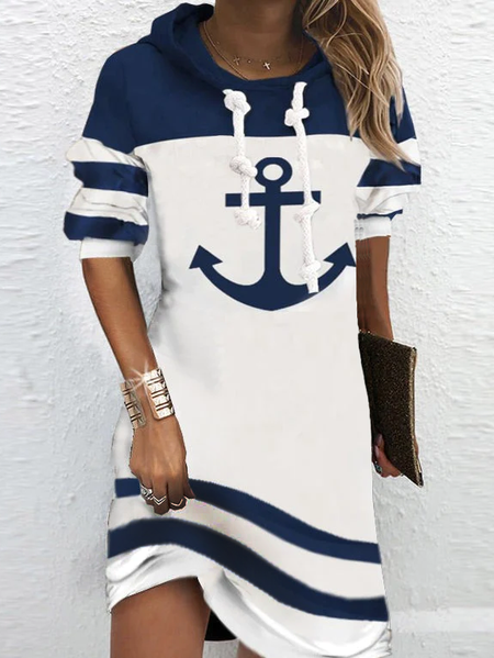 JFN Boat Anchor Printed Nautical Casual Long Sleeve Hooded Nautical Dress, JustFashionNow Dresses, color:Blue|size:XXL,