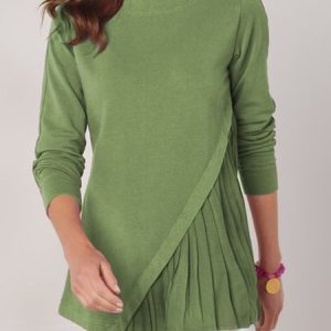 JFN Crew Neck Casual Plain Autumn Pleated Top, Tops, color:Green|size:XXL, JustFashionNow