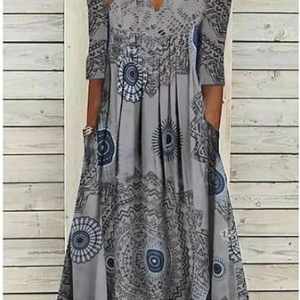 JFN V Neck Loose Ethnic Midi Dress, Dresses, color:Multicolor|size:XXL, JustFashionNow