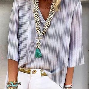 Loose Casual Striped Printed V Neck Blouses, Blouses, color:White|size:XXL, Noracora