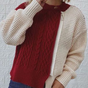 Casual Color Block Crew Neck Sweater, Sweaters, color:Wine Red|size:XL, JustFashionNow
