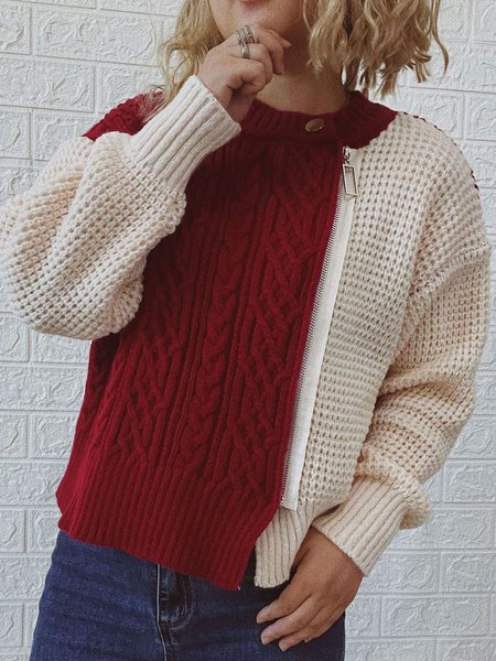 Casual Color Block Crew Neck Sweater, Sweaters, color:Wine Red|size:XL, JustFashionNow
