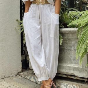 Plain Regular Fit Vacation Polyester Cotton Fashion Pants, Pants, color:White|size:XXL, Stylewe