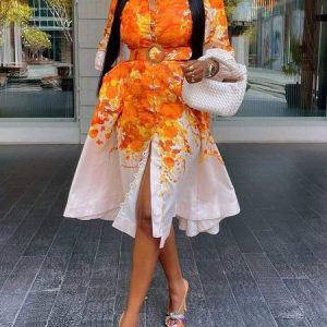 Stand Collar Elegant Regular Fit Floral Dress With Belt, Midi Dresses, color:Orange|size:XXL, Stylewe