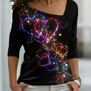 Asymmetrical Polyester Cotton Casual Heart/Cordate T-Shirt, T-Shirts, color:Black|size:XXL, JustFashionNow