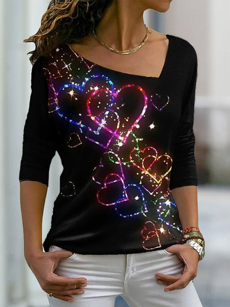 Asymmetrical Polyester Cotton Casual Heart/Cordate T-Shirt, T-Shirts, color:Black|size:XXL, JustFashionNow