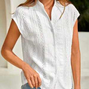 Casual Geometric Eyelet Embroidery Batwing Sleeve Button Front Shirt, Shirts, color:White|size:XXL, catalog Noracora shop