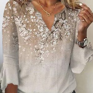 Floral Casual Notched Three Quarter Shirt, Shirts & Blouses, color:Khaki|size:XXL, JustFashionNow