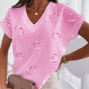 Heart Short sleeve V Neck Casual Short Sleeve T-shirt, Shirts & Blouses, color:Pink|size:XXL, JustFashionNow