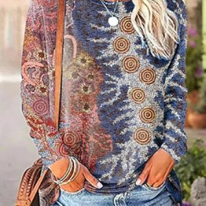 Ethnic Geometric Crew Neck Long Sleeve T-shirt, T-shirts, color:Blue|size:5XL, Noracora