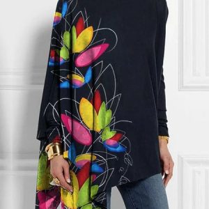 Turtleneck Urban Long Sleeve Floral Loose Shirt, Blouses and Shirts, color:As Picture|size:XXL, Stylewe