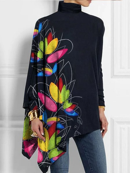 Turtleneck Urban Long Sleeve Floral Loose Shirt, Blouses and Shirts, color:As Picture|size:XXL, Stylewe