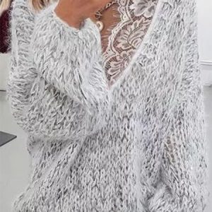 Casual V Neck Lace Edge Sweater, Sweaters, color:Gray|size:XXL, JustFashionNow