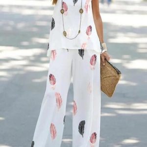 Feather Pattern Casual Crew Neck Two-Piece Set, Suit Set, color:White|size:XXL, JustFashionNow