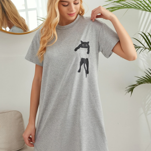 Text Letters Casual Crew Neck Loose Regular Sleeve Nightdress, Pajamas, color:Color1|size:XL, Noracora